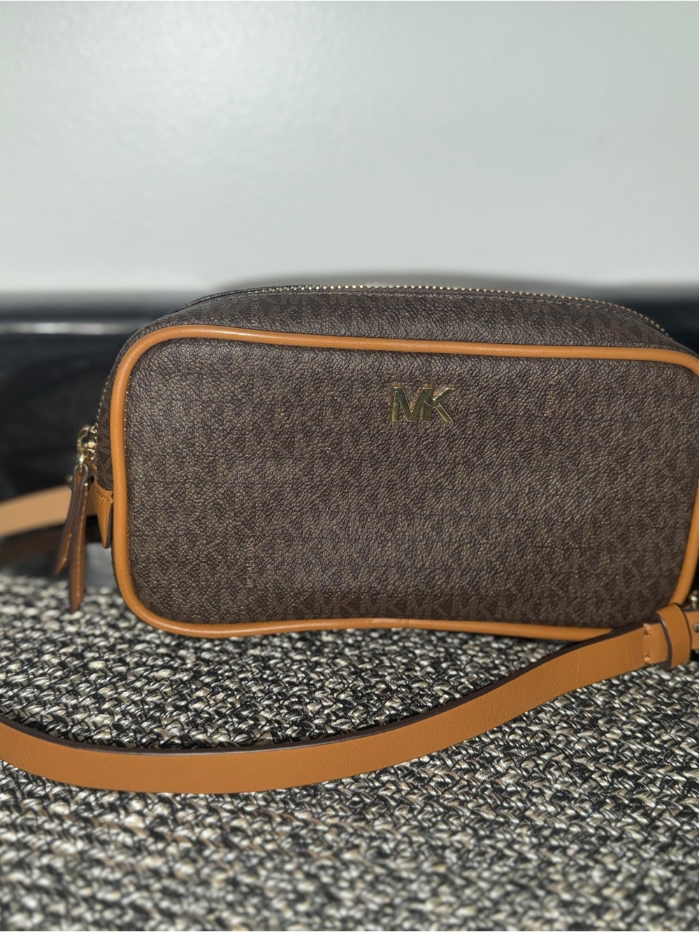 Michael Kors Brown Monogram Belt Bag with Tan Trim